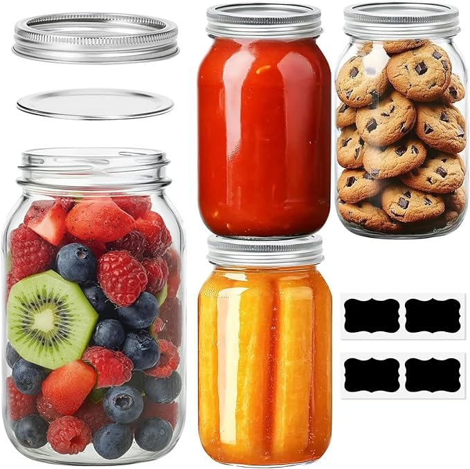 ComSaf Mason Jars 32 oz - 4 Pack, Wide Mouth Mason Jars with Lids, Prep Mear Glass Jars, Canning Jars for Pickling, Suntea, Salad, Honey, Desert, Shower Wedding Favors, DIY Candles Decor