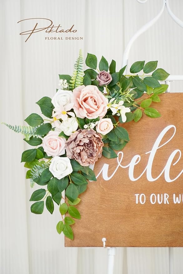 Wedding decor (pack of 2) Welcome Sign Flower Backdrop Garland For Ceremony Reception Wall Easel Home Decoration Entryway Faux Outdoor Board Head Table Decor (Dusty Rose)