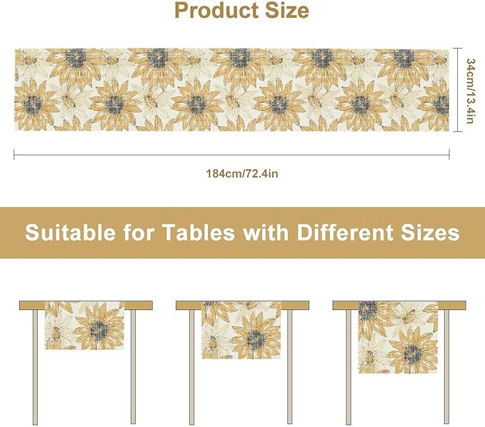 Chrysanthemum Vintage Floral Table Runner, Elegant Grunge Orange Sunflower Spring Summer Elegant Pattern Artichokes Flower Table Runner for Party Kitchen Dining Living Room Decor, 13x70 Inch