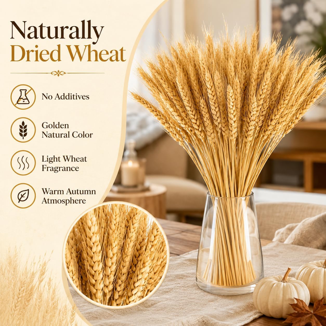 Sukh 100 Stems Dried Wheat Stalks - Boho Fall Decor for Home & Wedding | Natural Wheat Sheaves, Ideal Vase Filler, Table Centerpiece for Thanksgiving, Harvest, Autumn Farmhouse Accent, 12.9in