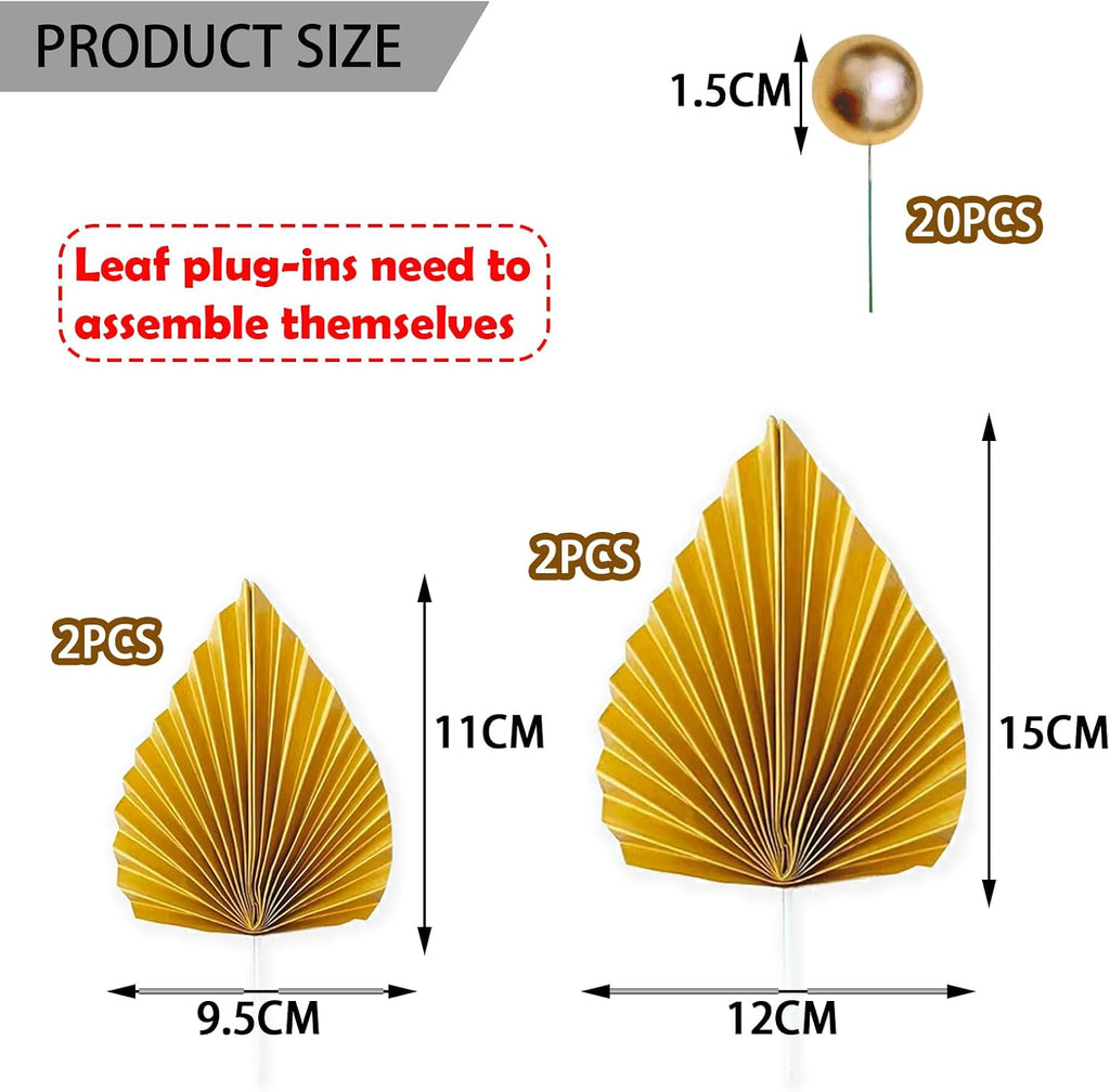 42-Piece Cake Topper Kit: 4 Palm Leaf Fan, 20 Decorating Balls, 18 Butterfly Decor, Gold, Perfect for Birthdays, Anniversaries, Weddings, Christmas