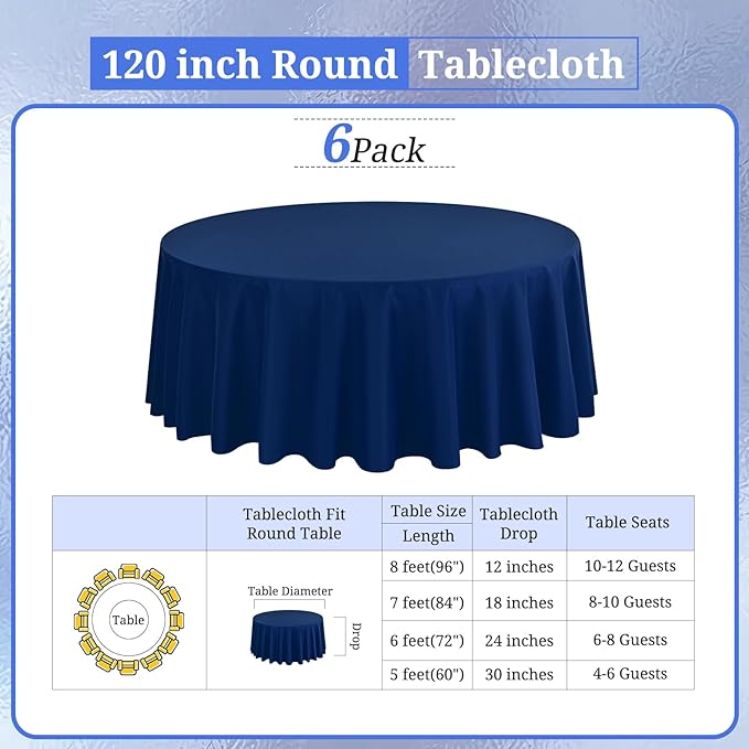 6 Pack Round Tablecloths - 120 Inch, Navy Blue Polyester Table Cover for Round Table, Stain and Wrinkle Resistant Washable Fabric Table Cloth, Polyester Tablecloth for Wedding Banquet Parties