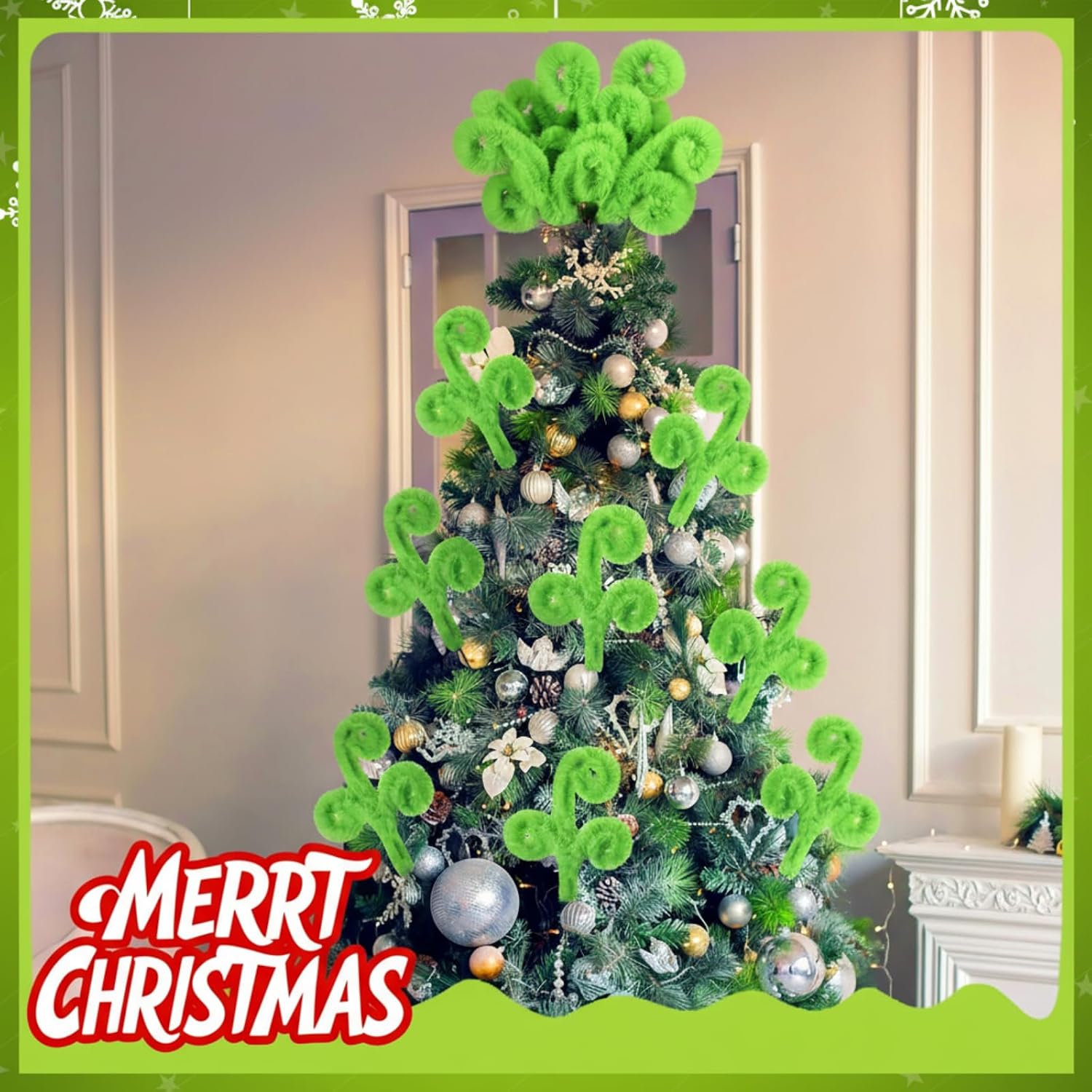 Daifunli 15 Pcs Christmas Tree Topper 12 Inch Tree Decorations Lime Green Furry Christmas Picks Furry Spiral Curly Picks Sprays Topper for Filler Wreath Vase Filler Branches Home Decor