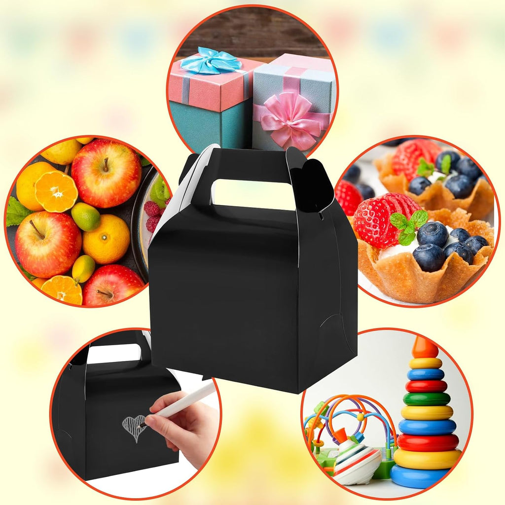 Hooqict 24 Pack Black Party Favor Treat Boxes Paper Gable Gift Boxes with Handles for Party Favors Snack Goodie Candy Cookie Desserts, 6.7x5.1x3.5 Inch