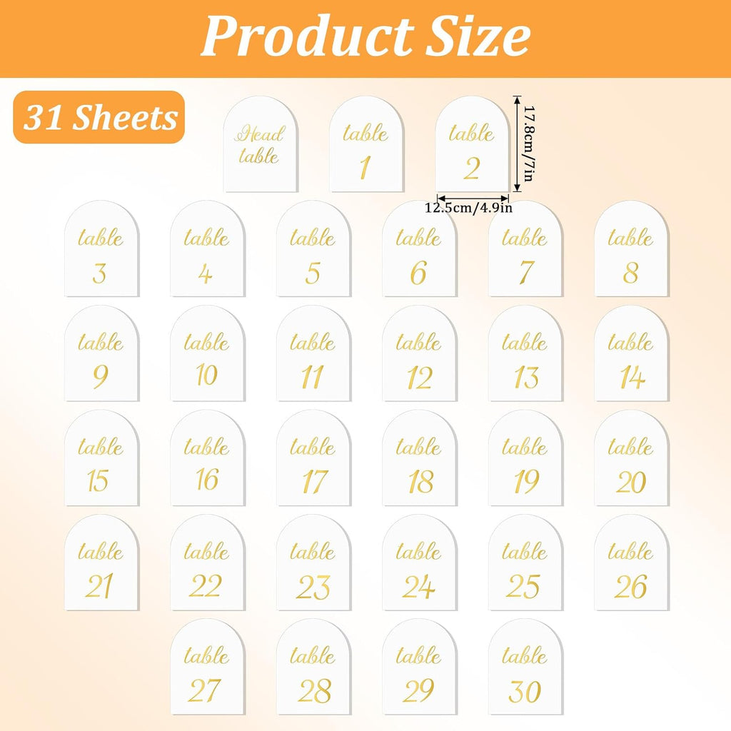 Arch Table Numbers 1-30 Plus Head Table, 5.9x3.9 Inch White Card Stock, Double-Sided Gold Foil Embossed, Elegant Wedding Reception Centerpiece Decoration Event Party
