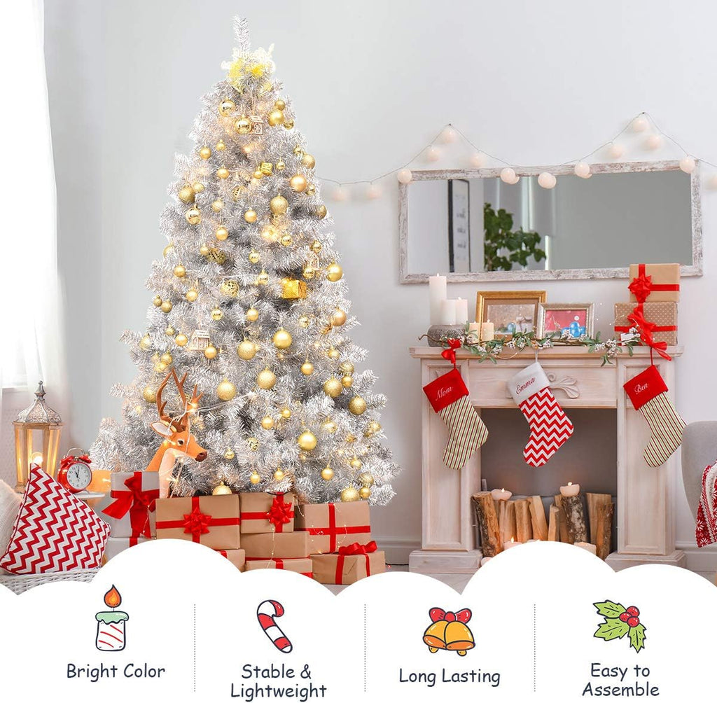goplus 6ft sliver artificial christmas tree with electroplated, side view