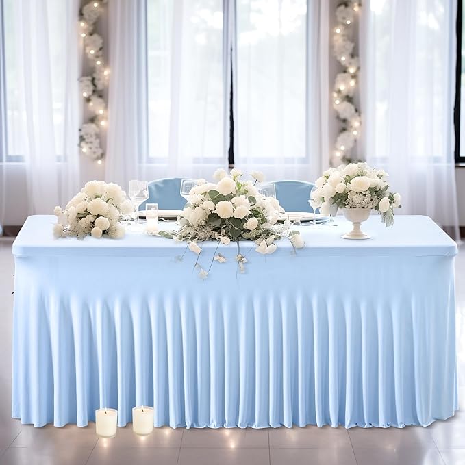 Wish Care 2 Pack Baby Blue Stretch Spandex Table Clothes for 4 Foot Rectangle Tables, 4FT Wrinkle Free Fitted Tablecloths Ruffles Design Table Cover for Party, Banquet, Wedding and Events