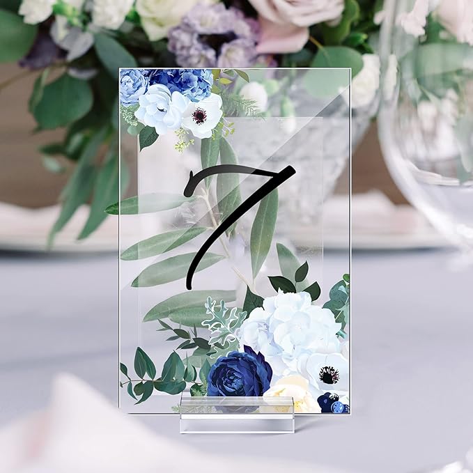 12 Pcs Clear Acrylic Place Cards with 12pcs Acrylic Holder Wedding Table Numbers with Centerpiece Stand Sign and Holder DIY Table Name Cards Plates for Wedding Reception Banquet Decors