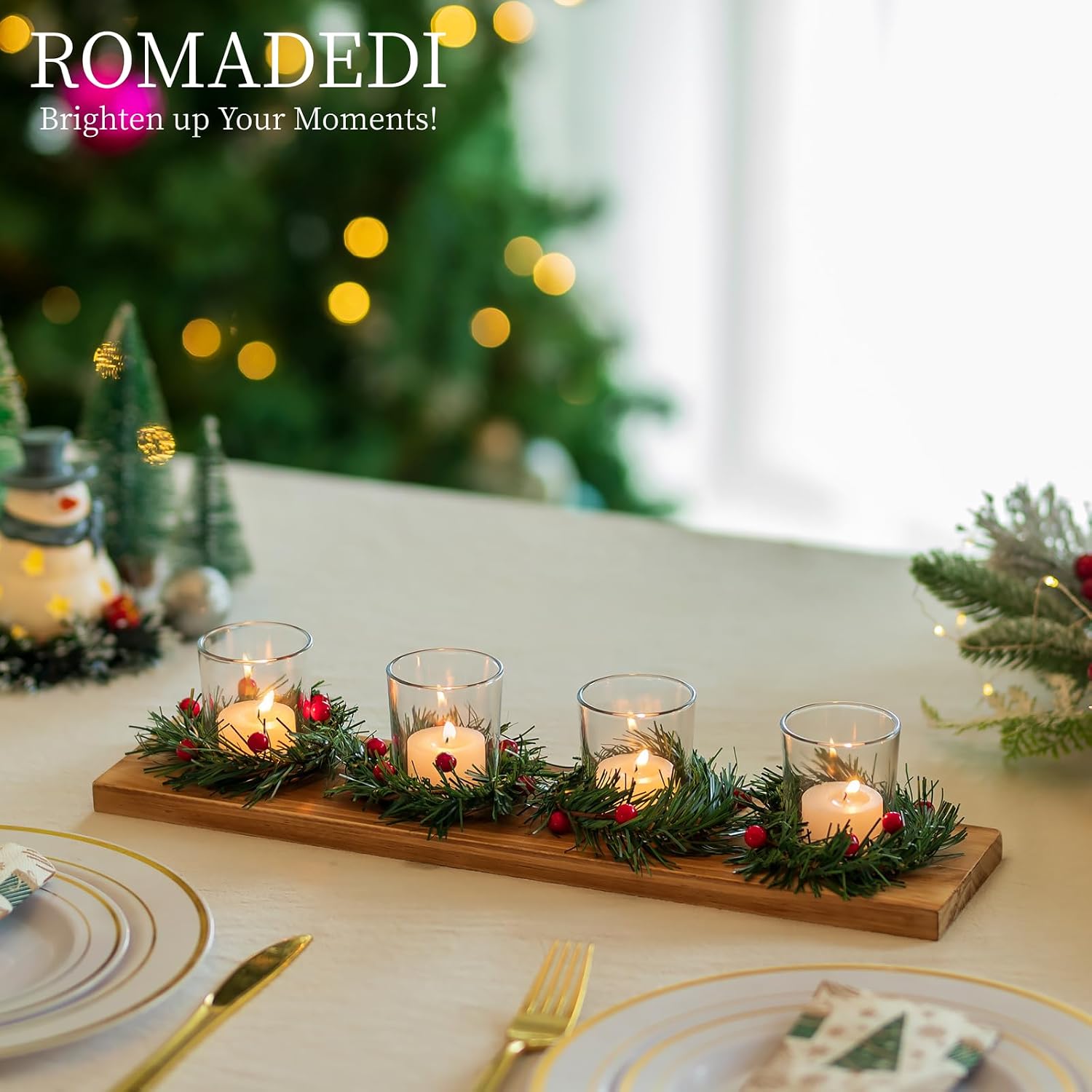Christmas Candle Holder for Table Centrepiece Decoration: Romadedi Rustic 4 Tealight Holders with Mini Christmas Wreaths Wooden Tray for Xmas Winter Dinner Table Home Decor Gift 16.5 Inches