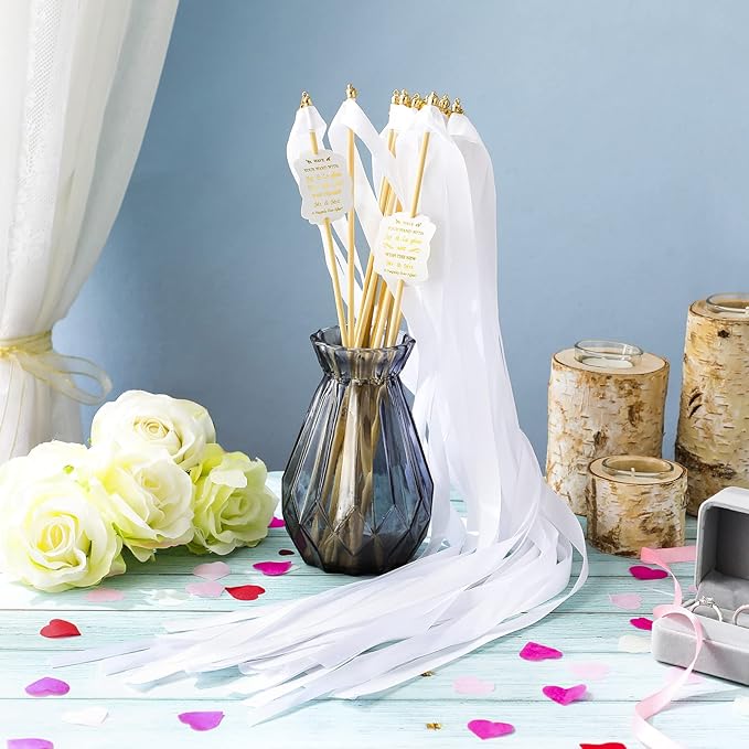 Junkin 100 Pcs Wedding Wands Streamers with Bells Set, 50 White Wedding Send Off Ribbon Streamers Sticks and 50 Favor Tags for Bridal Baby Shower Anniversary Holiday Send Off Party Activities Favors