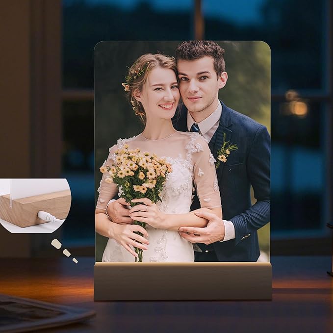 6" x 8"- 4 pcs Acrylic 2 pcs Frame Sublimation LED Acrylic Photo Frames Night Lights Blanks Heart Shape,with Warm Color Light with Wood Stand for Heat Press Machine Printing