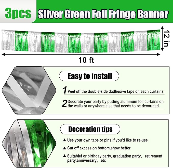 3 Pack 10 Feet Silver Green Foil Fringe Garland Metallic Tinsel Streamers Banner Wall Hanging Curtain Backdrop for Parade Floats, Mother's Day, Wedding, Graduate, Easter, Birthday Party Decorations