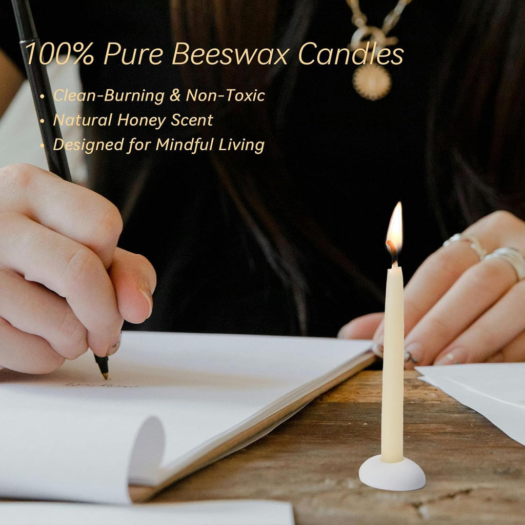 20 Minute 100% Pure Beeswax Candles, Mini Mindful Meditation Taper Candles, Smokeless & Dripless with Holder for Yoga, Prayer, Relaxation (White,24 Pack)