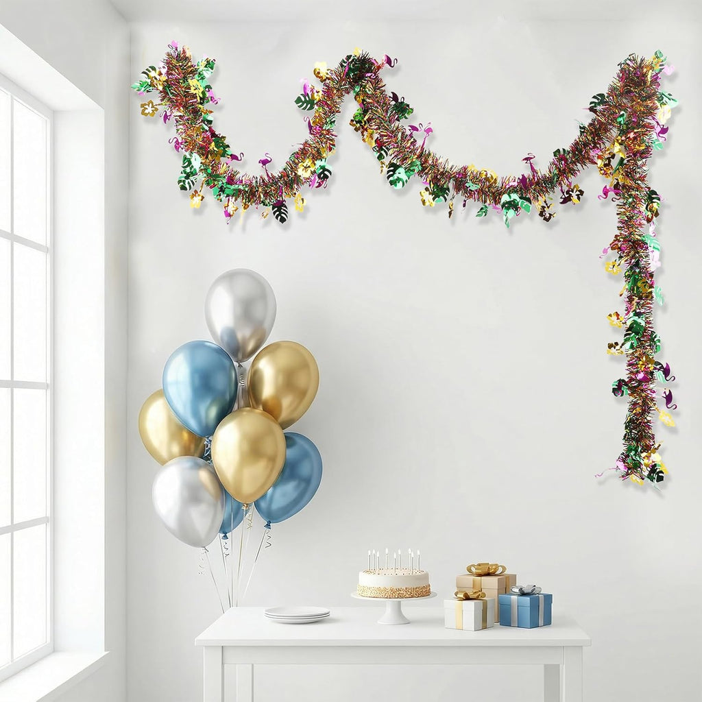 4Pcs Hawaiian Tinsel Garland Tropical Decorations for Hawaii Party Supplies | Glitter Tropical Summer Garland Decorations for Summer Garlands Hawaii Flower Banner Holiday Decor