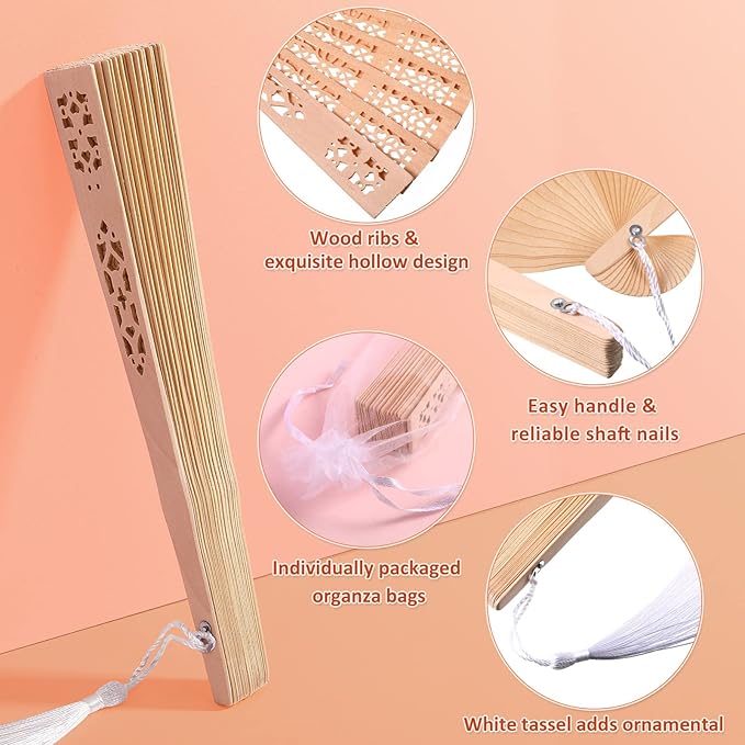 Qunclay 60Pcs Wooden Hand Fans Folding Wedding Fans for Guest Chinese Hollow Pattern with White Tassel and Gift Bag for Wedding Bridal Shower Birthday Party Favors Gift and Home Decor(Delicate Style)