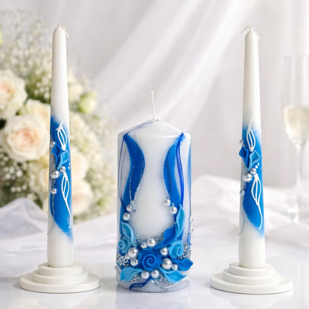 Unity Candle Set - Wedding Ceremony & Reception – 6” Pillar & Two 10” Taper Candles – Long Burning Unity Candles for Marriage Ritual – Handmade in USA - Royal | Blue