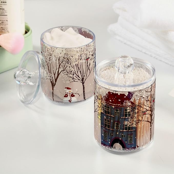 Christmas Winter Qtip Holder Dispenser 4 Pack Snowmen Snow Courtyard with Trees Apothecary Jars with Lids Bathroom Vanity Countertop Canister Storage Organizer for Cotton Ball,Swabs,Pads,Floss