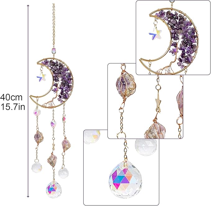 TUOKING Amethyst Crystal Moon Suncatchers for Window Hanging Tree of Life Natural Healing Stones Wind Chimes Sun Catcher Rainbow Maker Good Luck Gifts Decor for Home Garden
