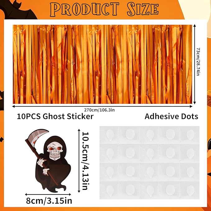 28x106 Inch Orange Sequin Tablecloth for Halloween Decorations, Metallic Tinsel Foil Fringe Table Skirt, Rectangle or Round Tables Decor, Table Cover, Skull Decorations for Halloween Party