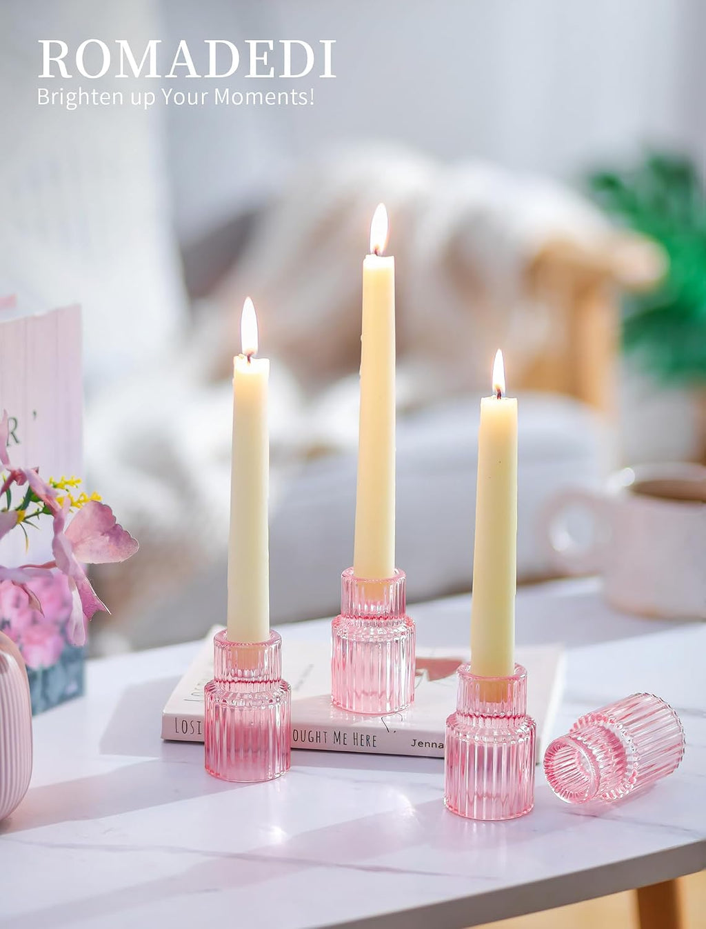 Romadedi Pink Glass Candle Holders - Set of 2 Ribbed Candlestick Holder for Table Centerpiece Elegant Taper Holder for Wedding Birthday Party Baby Showers Valentines Mother's Day Christmas