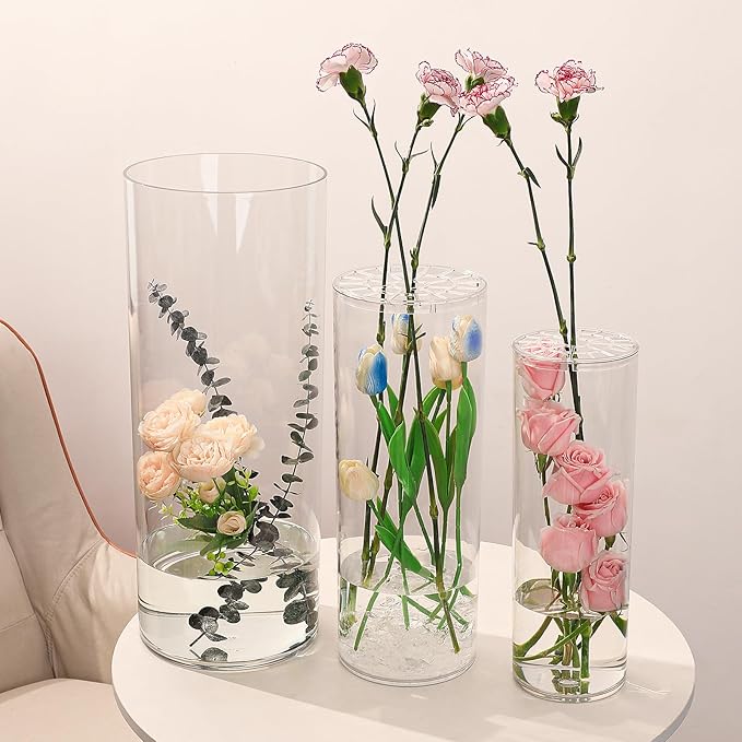 Extra Large Acrylic Cylinder Clear Vase for Floor, Tall Big Wide Mouth Plastic Unbreakable Hurricane Flower Vases of 3 for Home Decor (D 8" X H 15.8", D 6", D 4.8" + 2 Holder)