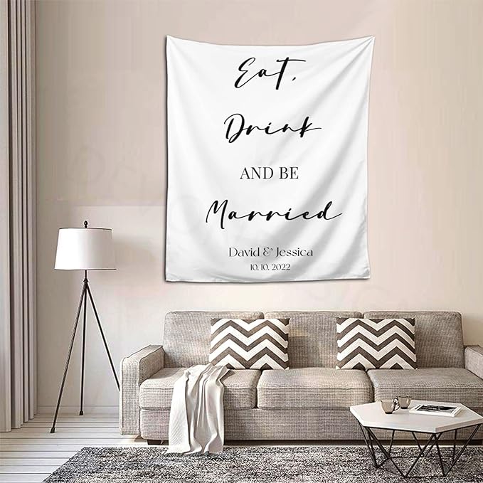 Eat, Drink and Be Married Backdrop, Custom Tapestry with Names Date, Rustic Wedding Sign, Personalized Calligraphy Banner for Ceremony, Reception Arch, Decoration