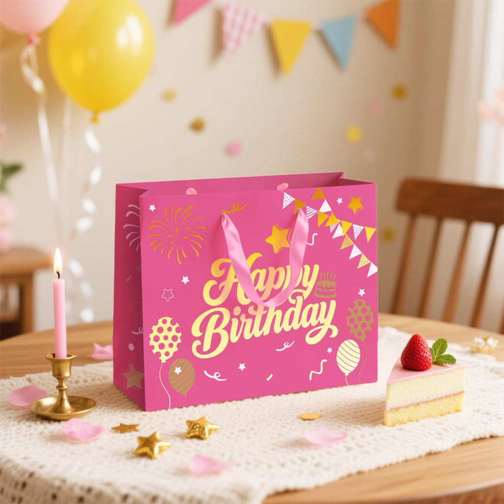 13” Pink Birthday Gift Bag with Tissue Paper and Greeting Card, Happy Birthday Gift Bags for Party, Hot Foil Stamping Design Gift Wrap Bags Decor for Women and Kids, 1 PCS, Medium Size