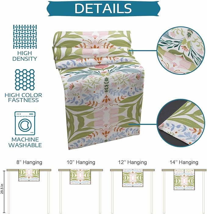 Green Blue Pink Boho Floral Cotton Linen Table Runner for Dining Kitchen, Wedding Outdoor Party Tablerunners Decoration, Retro Bohemian Botanical Dresser Scarf Coffee Tablecloth Runners 13x48 Inches