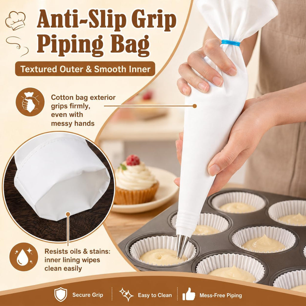 10-Piece Reusable Piping Bags and Tips Set-Cotton Baking Kit with Coupler,16inch Pastry Bags,Stainless Steel Nozzles & Cleaner for Cakes/Cupcakes/Cookies Decorating (10 Pcs)