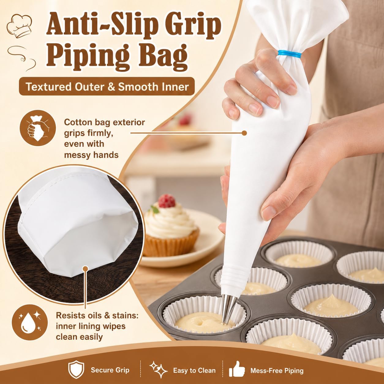 10-Piece Reusable Piping Bags and Tips Set-Cotton Baking Kit with Coupler,16inch Pastry Bags,Stainless Steel Nozzles & Cleaner for Cakes/Cupcakes/Cookies Decorating (10 Pcs)