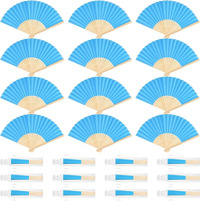 12 Pieces Blue Hand Held Bamboo Folding Fans Paper Fans Handheld for Women Foldable Girls Wedding DIY Decoration Church Home Party Favors Summer