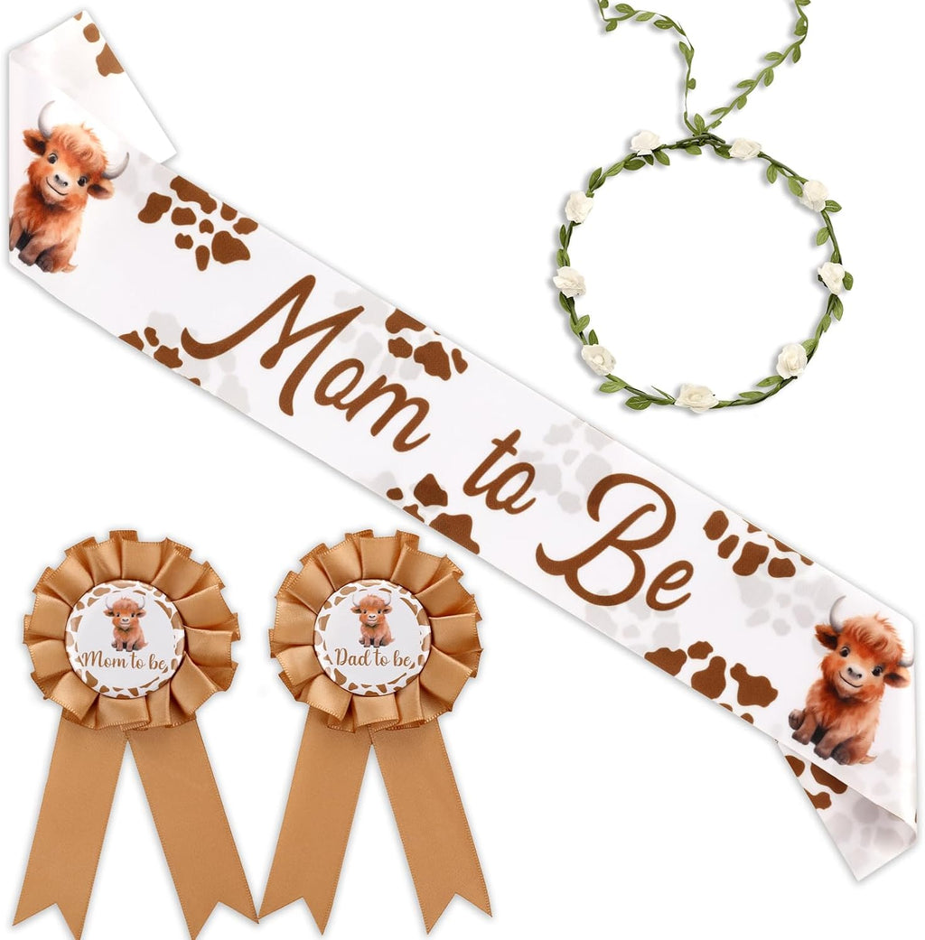 Serencatcher Highland Cow Mom to Be Sash, Highland Cow Baby Shower Favors Include Brown Mom Dad to Be Pin Sash Flower Crown Headband for Western Cowgirl Cowboy Gender Reveals Party Pregnancy Props