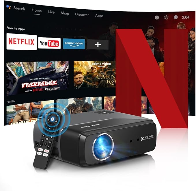Portable Smart Projector Netflix Officially,AI Auto Focus&Keystone,1400ANSI 4K Support,WiFi6+2.4/5G WiFi,Two-way Bluetooth,Dolby Audio,HDR10,Android TV 11.0,Google Assistant,Home Theater Outdoor Movie