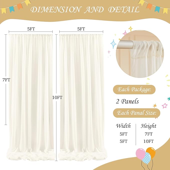 10ft x 10ft Ivory Chiffon Backdrop Curtain with Lights String for Parites Wedding Wrinkle Free Curtain Photo Backdrops Drapes for Baby Shower Birthday Party Home Decorations