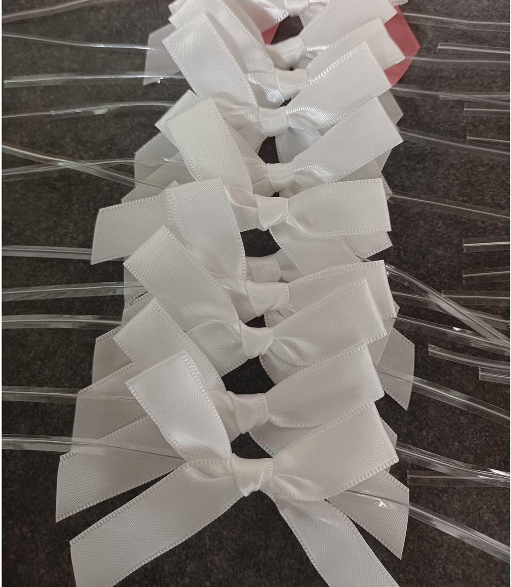 50 Pack White Twist Tie Bow, Pre Tied Bows,Christmas Satin Twist Tie Bows for Treat Bags,Packaging Bows for Candies and Apples, Pretied Ribbon Bows for DIY Decorations,Treat Bows