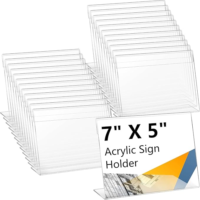 Vicenpal 200 Pcs 7x5 Inch Clear Acrylic Sign Holder Plastic L-shape Vertical Menu Stand, Picture Photo Frames, Table Paper Holder, Flyer Sign Display Stand for Restaurants, Store, Office, Wedding