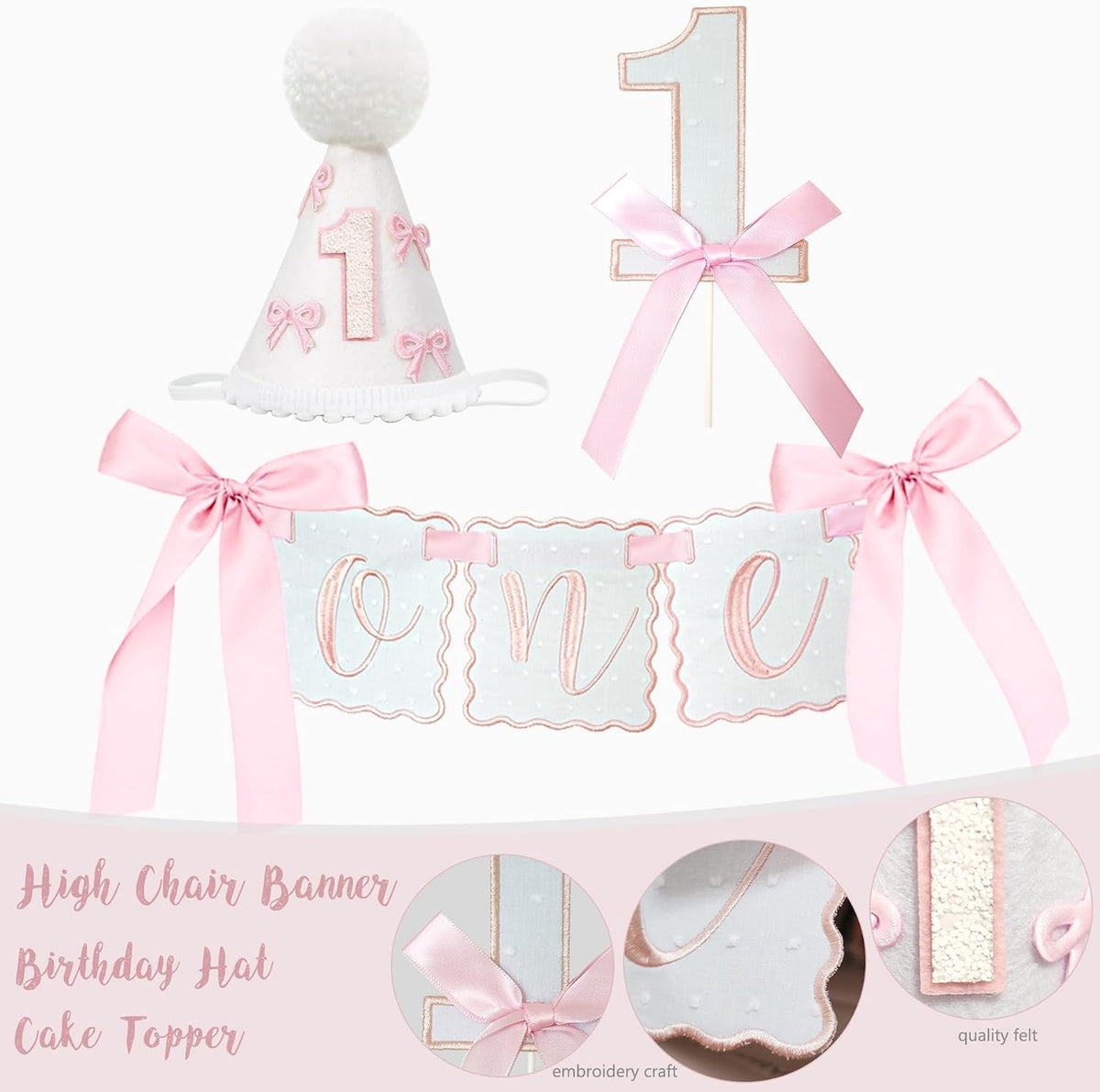 pink bow 1st birthday decorations, first birthday party showing dimensions