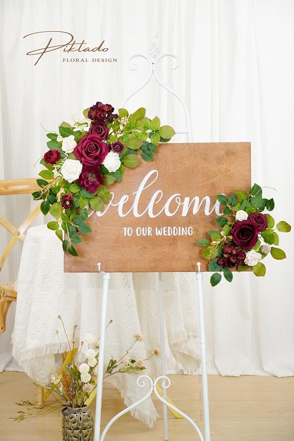 Wedding decor (pack of 2) Welcome Sign Flower Backdrop Garland For Ceremony Reception Wall Easel Home Decoration Entryway Faux Outdoor Board Head Table Decor (Burgundy & White)