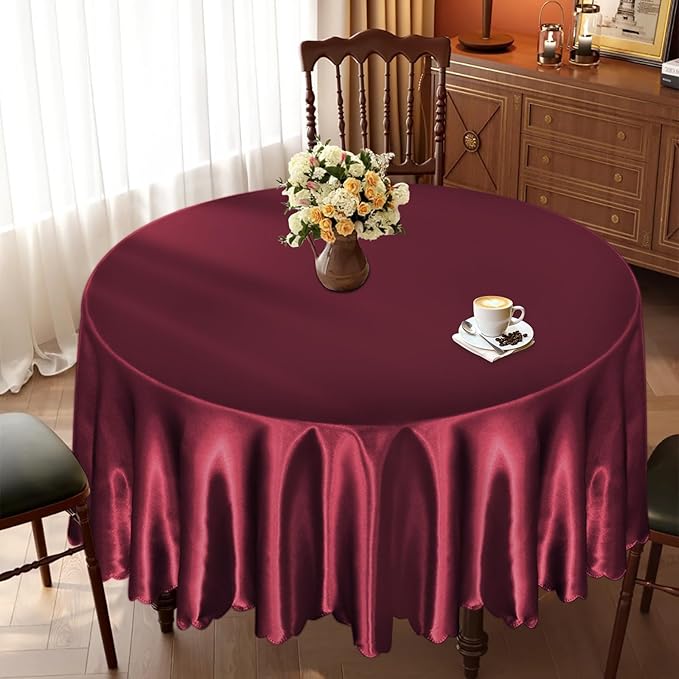 KKJIAF 1 Pack Round Table Cloths 90 Inch, Burgundy Overlay Round Satin Table Cover, Silky Satin Dining Tablecloths for Wedding Buffet Parties Banquet Decoration