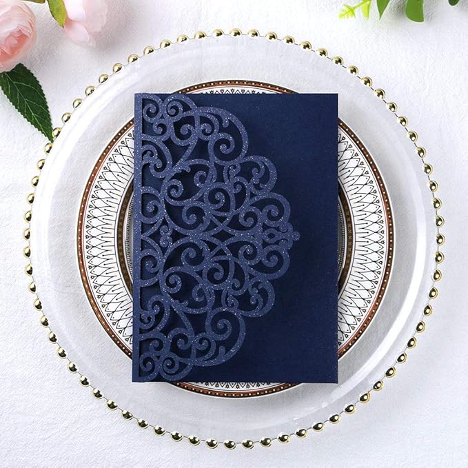 PONATIA 5.12 x 7.2 Laser Cut Invitation Pocket, 20PCS Tri-Fold 5 x 7 Laser Cut Wedding Invitation Pockets with Envelopes for Wedding Bbay Shower Birthday Sweet 16 Invite (Navy Blue, No Inner Sheet)