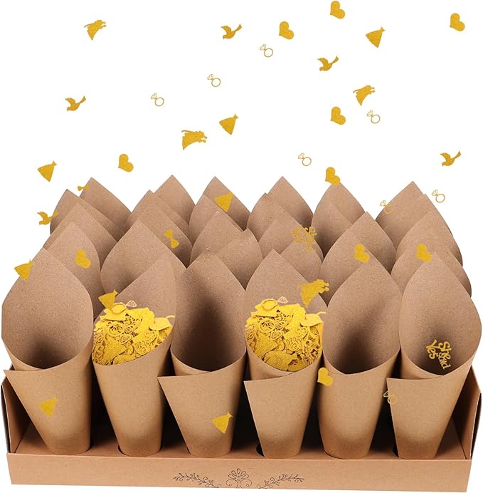 CIMAXIC 30-hole Kraft Paper Cones Box Set Wedding Party Favor Box Confetti Cone Holders for Decorative Party Favors