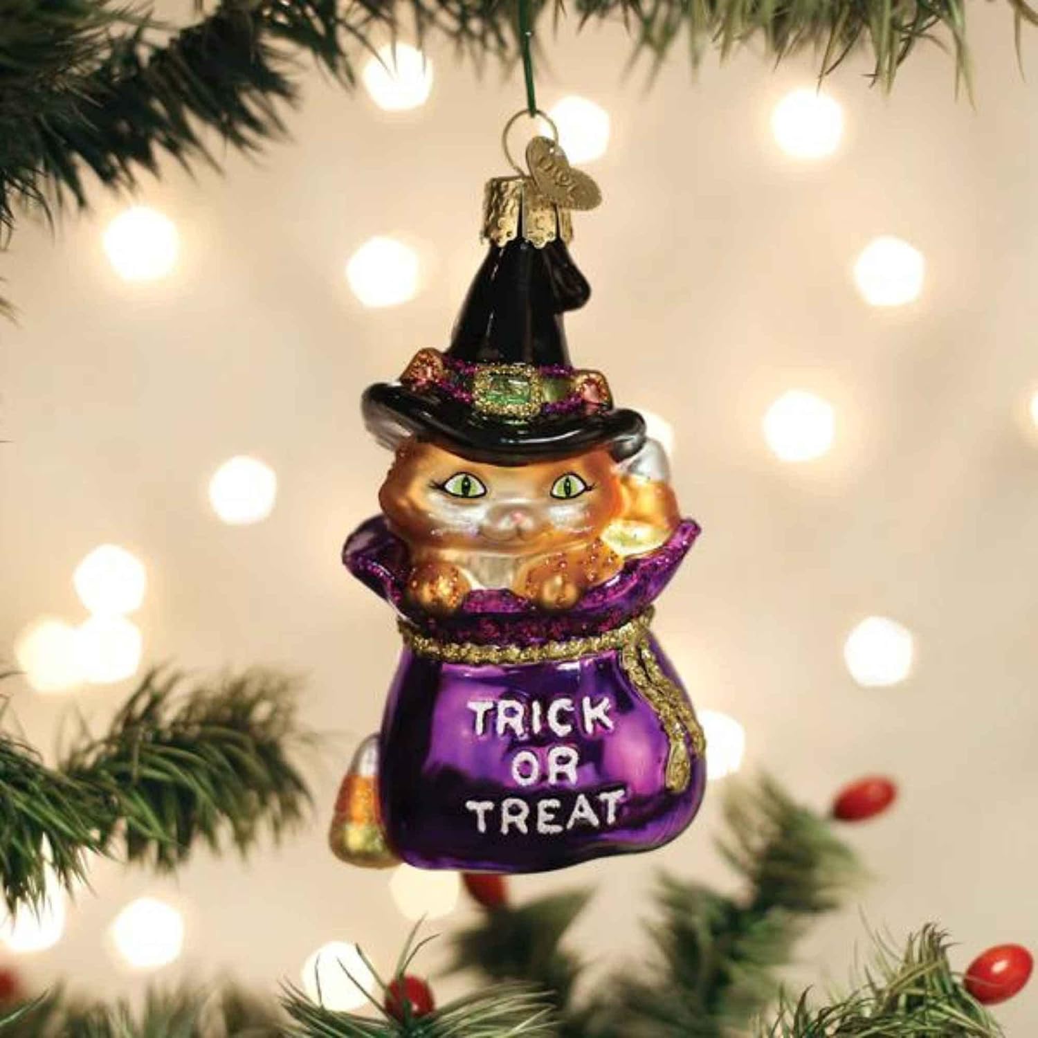 Old World Christmas Trick-or-Treat Kitty Glass Blown Ornament for Christmas Tree, Handcrafted Holiday Decoration, Halloween Collection