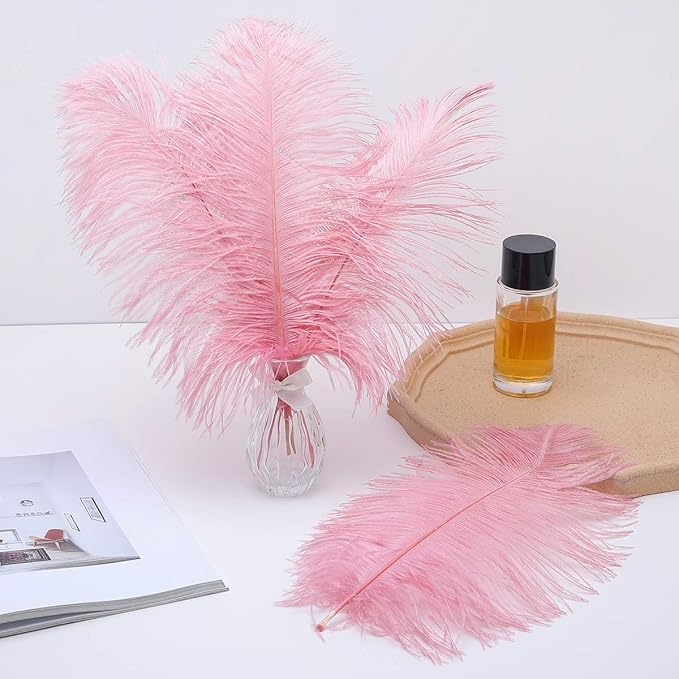 24pcs Natural Lotus Pink Ostrich Feathers 10-12inch (25-30cm) for Wedding Party Centerpieces，Flower Arrangement and Home Decoration.