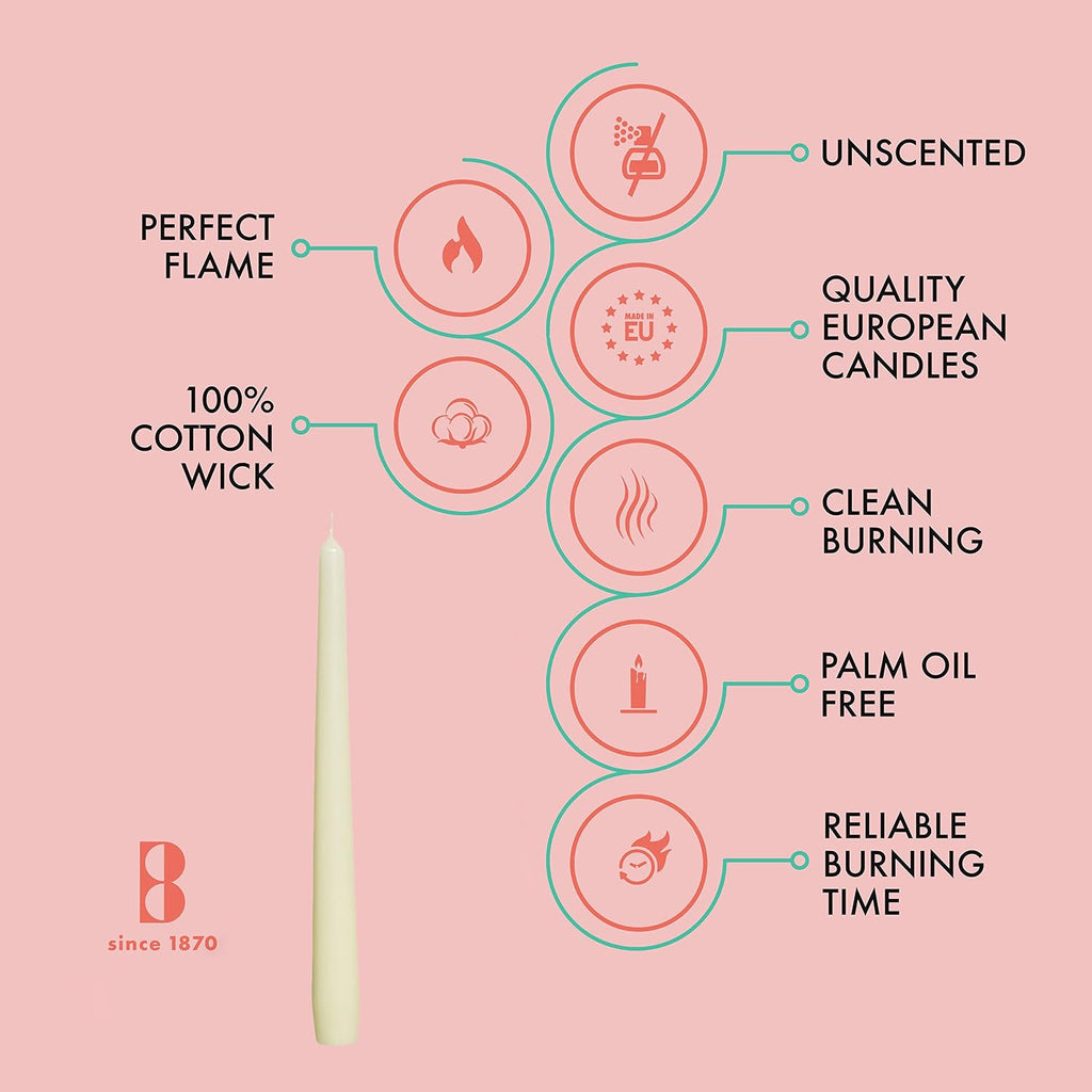 BOLSIUS Ivory Taper Candles - 10 Pack Unscented 10 Inch Dinner Candle Set - 8 Hours Burn Time - Premium European Quality - Smokeless and Dripless Household, Wedding, Party, and Home Décor Candlesticks