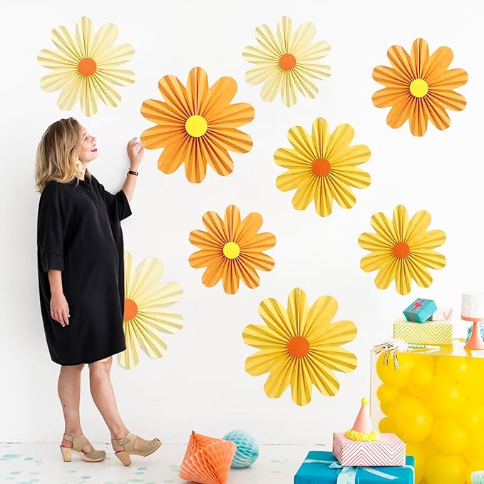 SUNBEAUTY 9 PCS Orange Paper Flowers Decorations for Wall Paper Fans Daisy Decoration Paper Floral Backdrop Decor Paper Fans Decoration