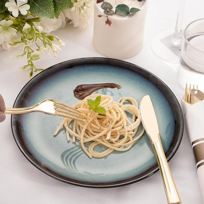 200Guests Pre Rolled Gold Plastic Silverware Sets - Heavy Duty Gold Cutlery - Include 200 Pack Wrapped Disposable Utensils with Napkins for Parties & Dinners & Weddings