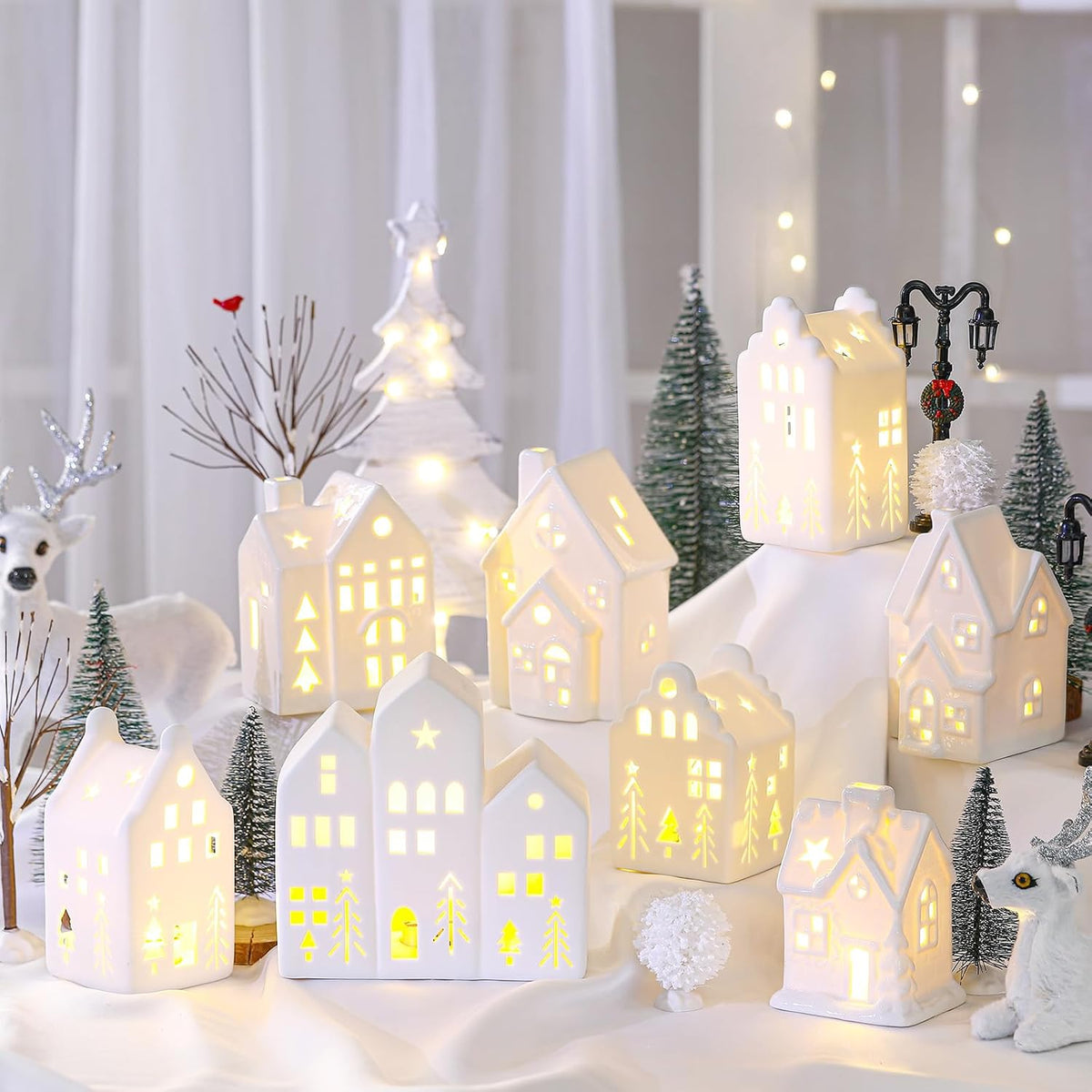 cindeer 26 pcs white elegant ceramic christmas village, main product view