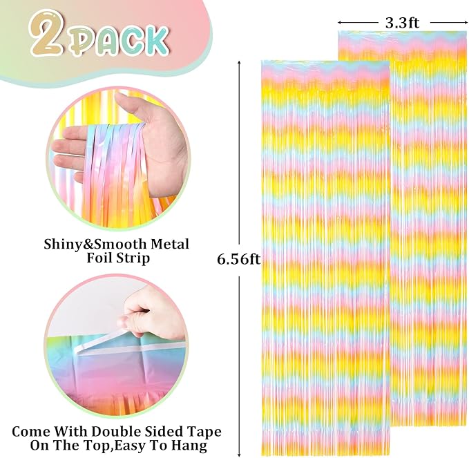 2 Pack Pastel Rainbow Foil Fringe Backdrop Curtains, Tinsel Streamers Birthday Party Decorations, Fringe Backdrop for Baby Shower, Gender Reveal, Birthday Party