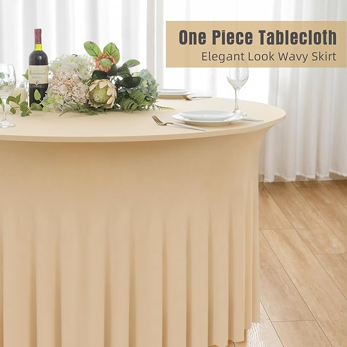 4 Pack Champagne Spandex Round Tablecloths for 60inch Tables,120inch Stretch Fitted 5ft Table Cloth,Wrinkle Free Rund Table Covers with Skirt for Banquet Wedding Birthday Parties