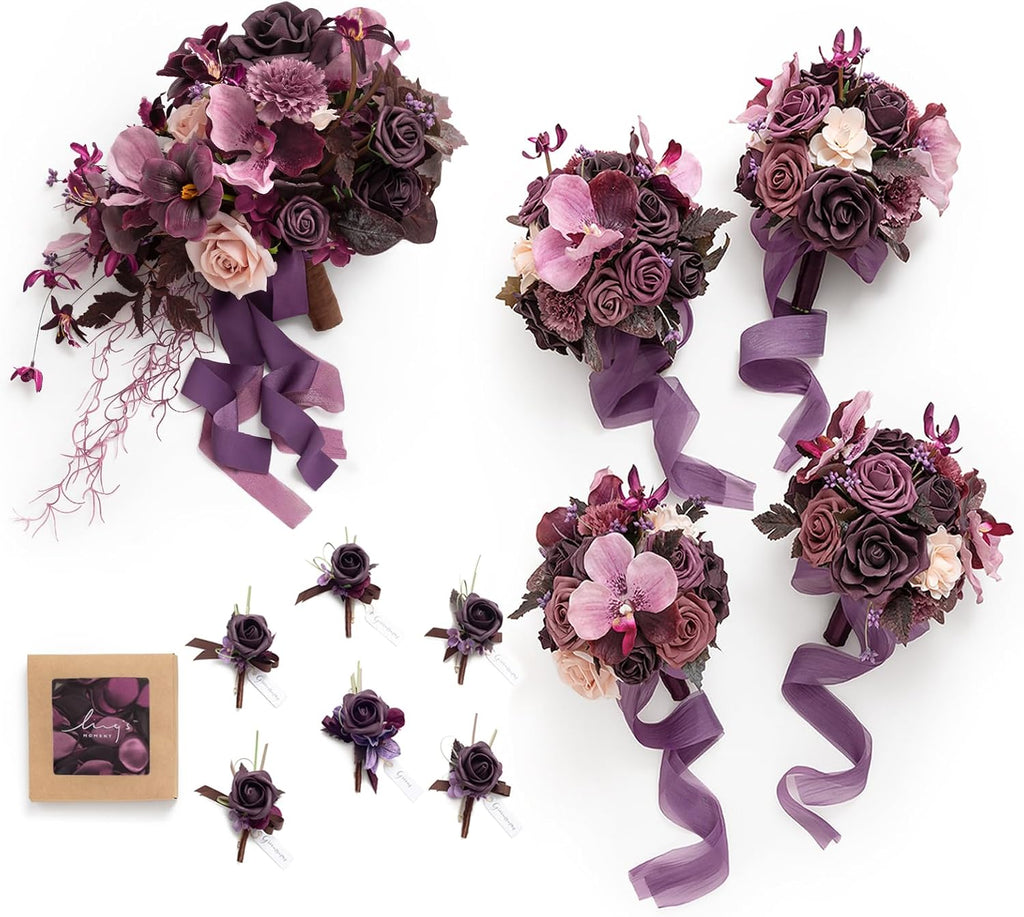 Ling's moment Wedding Artificial Flowers Package, Bridal Bouquet, Bridesmaid Bouquets, Boutonniere for Men, Rose Petals.Plum Lily Grape